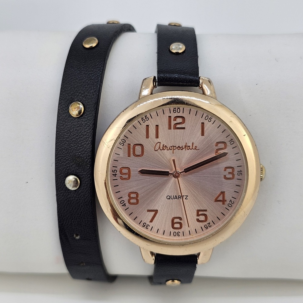 Aeropostale Double Wrap Analog Women's Watch 40MM Black Leather Band New Battery